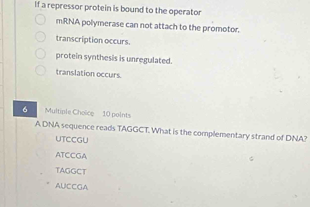 If a repressor protein is bound to the operator
mRNA polymerase can not attach to the promotor.
transcription occurs.
protein synthesis is unregulated.
translation occurs.
6 Multiple Choice 10 polnts
A DNA sequence reads TAGGCT. What is the complementary strand of DNA?
UTCCGU
ATCCGA
TAGGCT
AUCCGA