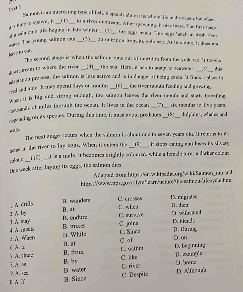 Text 1
Salmon is an interesting type of fish. It spends almost its whole life in the ocean, but when
it is time to spawn, it (1) _to a river or stream. After spawning, it dies there. The first stage
of a salmon's life begins in late winter __(2)_  the eggs hatch. The eggs hatch in fresh river
water. The young salmon can _ (3)
have to eat. _ on nutrition from its yolk sac. At this time, it does not
The second stage is when the salmon runs out of nutrition from the yolk sac. It travels
downstream to where the river __(4)__ the sea. Here, it has to adapt to seawater. __(5)_ __ this
adaptation process, the salmon is less active and is in danger of being eaten. It finds a place to
feed and hide. It may spend days or months _ (6) _ the river mouth feeding and growing.
When it is big and strong enough, the salmon leaves the river mouth and starts travelling
thousands of miles through the ocean. It lives in the ocean _(7)_ six months to five years,
depending on its species. During this time, it must avoid predators _(8)_ dolphins, whales and
seals.
The next stage occurs when the salmon is about one to seven years old. It returns to its
home in the river to lay eggs. When it enters the _(9)_ , it stops eating and loses its silvery 
colour. _(10)_ it is a male, it becomes brightly coloured, while a female turns a darker colour.
One week after laying its eggs, the salmon dies.
Adapted from https://en.wikipedia.org/wiki/Salmon_run and
https://www.nps.gov/olym/learn/nature/the-salmon-lifecycle.htm
B. wanders C. crosses D. migrates
1. A. drifts D. then
B. at C. when
2. A. by D. withstand
3. A. stay B. endure
C. survive
4. A. meets B. mixes
C. joins D. blends
C. Since D. During
5. A. When B. While
C. of D. on
6. A. to B. at
C. within D. beginning
7. A. since B. from
C. like D. example
8. A. as B. by D. home
9. A. sea B. water C. river
10. A. If B. Since C. Despite D. Although