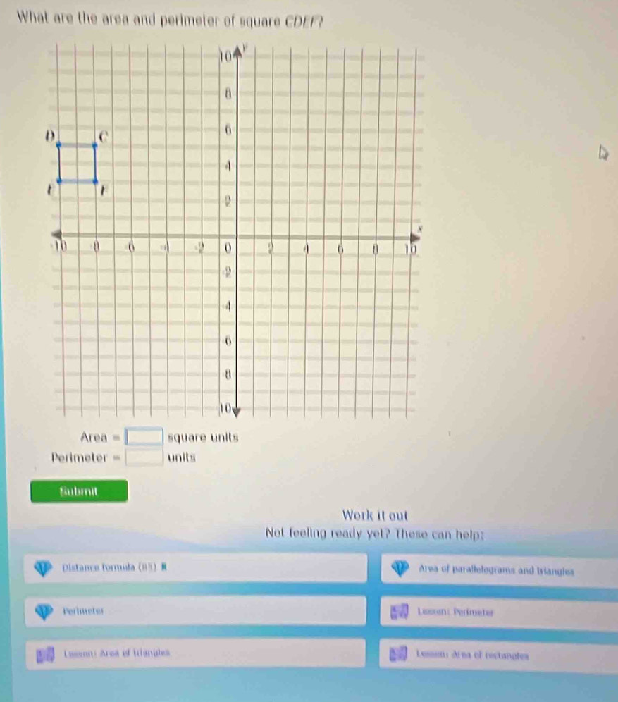 What are the area and perimeter of square CDEF?
Perimeter =□ 11 nits
Submit
Work it out
Not feeling ready yet? These can help:
Distance formula 85  Area of parallelograms and triangles
Perimeter Lassen: Perimeter
Lasson: Area of Irianates Lessen: drea of restangles