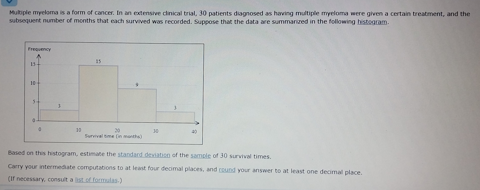 Multiple myeloma is a form of cancer. In an extensive clinical trial, 30 patients diagnosed as having multiple myeloma were given a certain treatment, and the 
subsequent number of months that each survived was recorded. Suppose that the data are summarized in the following histogram. 
Based on this histogram, estimate the standard deviation of the sample of 30 survival times. 
Carry your intermediate computations to at least four decimal places, and round your answer to at least one decimal place. 
(If necessary, consult a list of formulas.)