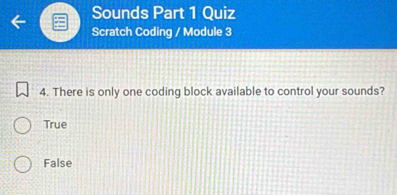 Sounds Part 1 Quiz
Scratch Coding / Module 3
4. There is only one coding block available to control your sounds?
True
False