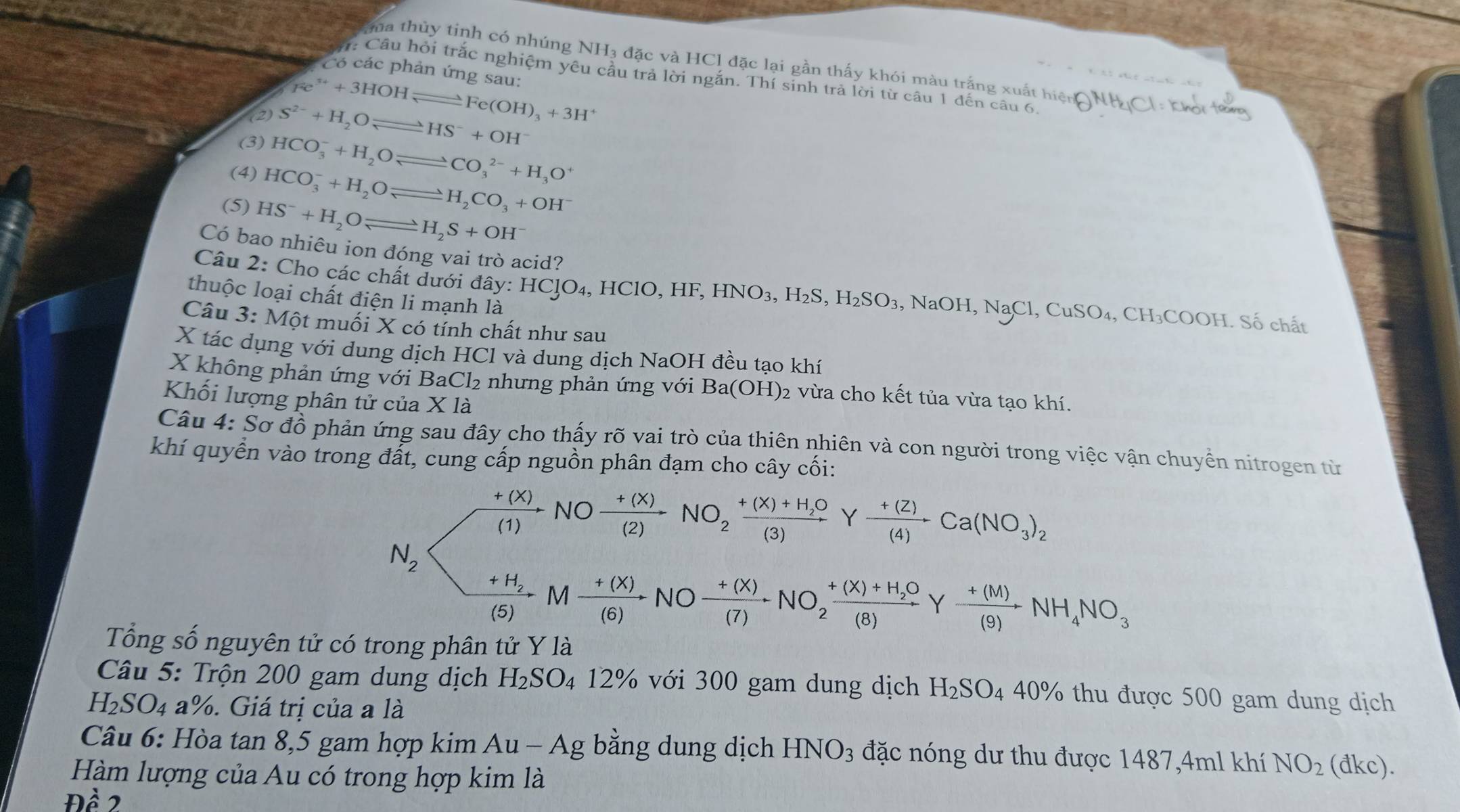 ma thủy tinh có nhúng NH3 đặc và HCl đặc lại gần thấy khói màu trắng xuất hiện
Có các phản ứng sau:
*: Câu hỏi trắc nghiệm yêu cầu trả lời ngắn. Thí sinh trả lời từ câu 1 đến câu 6.
Fe^(3+)+3HOHleftharpoons Fe(OH)_3+3H^+
(2) S^(2-)+H_2Oleftharpoons HS^-+OH^-
(3) HCO_3^(-+H_2)Oleftharpoons CO_3^((2-)+H_3)O^+
(4) HCO_3^(-+H_2)Oleftharpoons H_2CO_3+OH^-
(5) HS^-+H_2Oleftharpoons H_2S+OH^-
Có bao nhiêu ion đóng vai trò acid?
Câu 2: Cho các chất dưới đây: HCJO_4,HClO,HF,HNO_3,H_2S,H_2SO_3 , NaC )F 1, NaCl,CuSO_4,CH_3COOH I. Số chất
thuộc loại chất điện li mạnh là
Câu 3: Một muối X có tính chất như sau
X tác dụng với dung dịch HCl và dung dịch NaOH đều tạo khí
X không phản ứng với BaCl₂ nhưng phản ứng với Ba(OH) 2 vừa cho kết tủa vừa tạo khí.
Khối lượng phân tử của X là
Câu 4: Sơ đồ phản ứng sau đây cho thấy rõ vai trò của thiên nhiên và con người trong việc vận chuyển nitrogen từ
khí quyển vào trong đất, cung cấp nguồn phân đạm cho cây cối:
_ f(x) NO  (+(X))/(2) NO_2xrightarrow +(X)+H_2O Y  (+(Z))/(4) Ca(NO_3)_2
(1)
N_2
beginarrayr +H_2 to endarray M  (+(x))/(6)  NO  (+(X))/(7) · NO_2xrightarrow +(X)+H_2OYxrightarrow +(M)NH_4NO_3
(5)
Tổng số nguyên tử có trong phân tử Y là
Câu 5: Trộn 200 gam dung dịch H_2SO_4 12% với 300 gam dung dịch H_2SO_4 40% thu được 500 gam dung dịch
H_2SO_4 a%. Giá trị của a là
Câu 6: Hòa tan 8,5 gam hợp kim Au-Ag bằng dung dịch HNO_3 đặc nóng dư thu được 1487,4ml khí NO_2 (đkc).
Hàm lượng của Au có trong hợp kim là
D