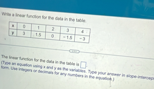 Write a linear function for the data in the 
The linear function for the data in the table is □. 
(Type an equation using x and y as the variables. Type your answer in slope-intercep 
form. Use integers or decimals for any numbers in the equation.)