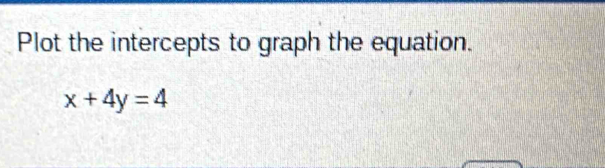 Plot the intercepts to graph the equation.
x+4y=4