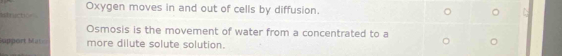 Oxygen moves in and out of cells by diffusion. 
N 
astnictio 
Osmosis is the movement of water from a concentrated to a 
Support Mat more dilute solute solution.