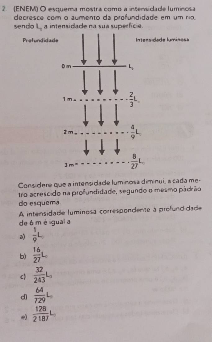 (ENEM) O esquema mostra como a intensidade luminosa
decresce com o aumento da profundidade em um rio,
sendo L_0 a intensidade na sua superficie.
Profundidaddade luminosa
Considere que a intensidade luminosa diminui, a cada me-
tro acrescido na profundidade, segundo o mesmo pádrão
do esquema.
A intensidade luminosa correspondente à profundidade
de 6 m é igual a
a)  1/9 L_0
b)  16/27 L_0
c)  32/243 L_0
d)  64/729 
e  128/2187 