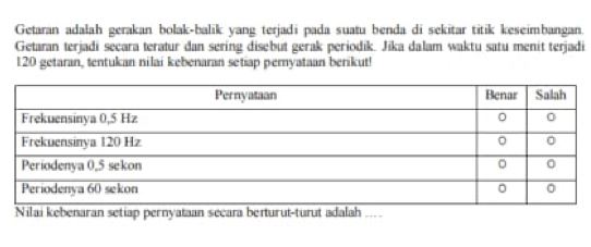 Getaran adalah gerakan bolak-balik yang terjadi pada suatu benda di sekitar titik keseimbangan. 
Getaran terjadi secara teratur dan sering disebut gerak periodik. Jika dalam waktu satu menit terjadi
120 getaran, tentukan nilai kebenaran setiap peryataan berikut! 
Nilai kebenaran setiap pernyataan secara berturut