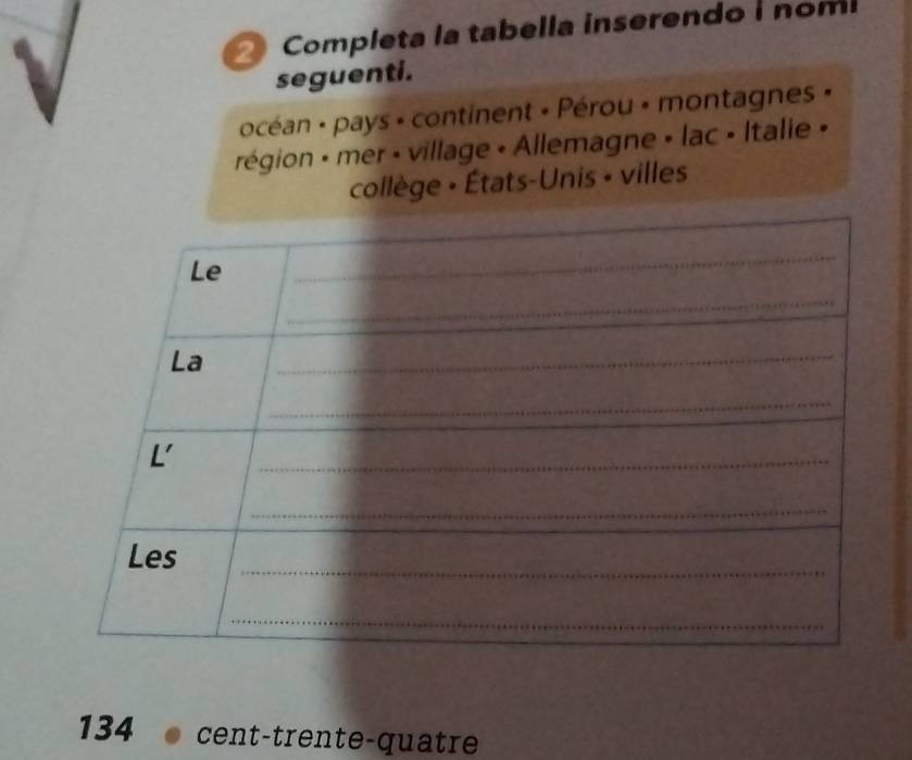 Completa la tabella inserendo I nomi 
seguenti. 
océan - pays » continent « Pérou » montagnes » 
région » mer « village « Allemagne » lac » Italie » 
collège • États-Unis » villes
134 cent-trente-quatre