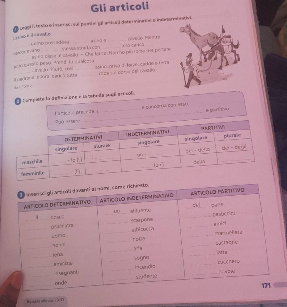 Gli articoli
Leggi il testo e inserisci sui puntini gli articoli determinativi o indeterminativi.
L'asino e il cavallo
uomo possedeva _asino e _cavallo. Mentre
_
percorrevano _stessa strada con _loro carico,
asino disse al cavallo: - Che fatica! Non ho più forze per portare
tutto questo peso. Prendi tu qualcosa.
cavallo rifiutò, così asino, privo di forze, cadde a terra.
Il padrone, allora, caricó tutta _roba sul dorso del cavallo.
da L. Tolstoj
2 Completa la definizione e la tabella sugli articoli.
L'articolo precede il _e concorda con esso.
_e partitivo.
Ripassa alle pp. 70-71