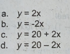 a. y=2x
b. y=-2x
C. y=20+2x
d. y=20-2x