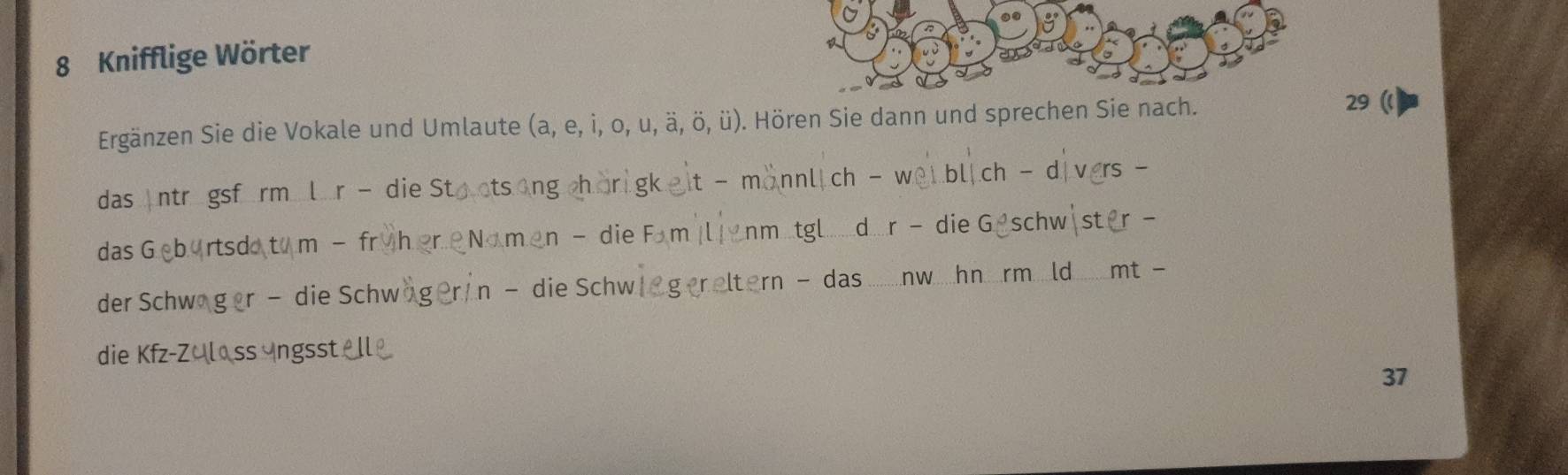 Knifflige Wörter 
Ergänzen Sie die Vokale und Umlaute (a, e, i, o, u, ä, ö, ü) ). Hören Sie dann und sprechen Sie nach. 
29 ( 
das Antr gsf rm lr - die St cts ong hor gk t - n 
- d vers - 
die chw ster - 
das G eb rtsdo t m - fr h er N men - die 
hn rm ld mt - 
der Schwager - die Schwag r n - die Sch 
die Kfz-Zulass ngsst_ll 
37