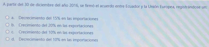 A partir del 30 de diciembre del año 2016, se firmó el acuerdo entre Ecuador y la Unión Europea, registrándose un:
a. Decrecimiento del 15% en las importaciones
b. Crecimiento del 20% en las exportaciones
c. Crecimiento del 10% en las exportaciones
d. Decrecimiento del 10% en las importaciones