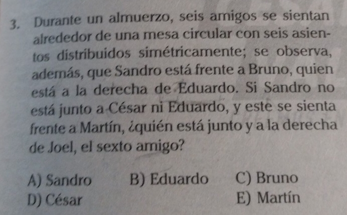 Durante un almuerzo, seis amigos se sientan
alrededor de una mesa circular con seis asien-
tos distribuidos simétricamente; se observa,
además, que Sandro está frente a Bruno, quien
está a la derecha de Eduardo. Si Sandro no
está junto a César ni Eduardo, y este se sienta
frente a Martín, ¿quién está junto y a la derecha
de Joel, el sexto amigo?
A) Sandro B) Eduardo C) Bruno
D) César E) Martín