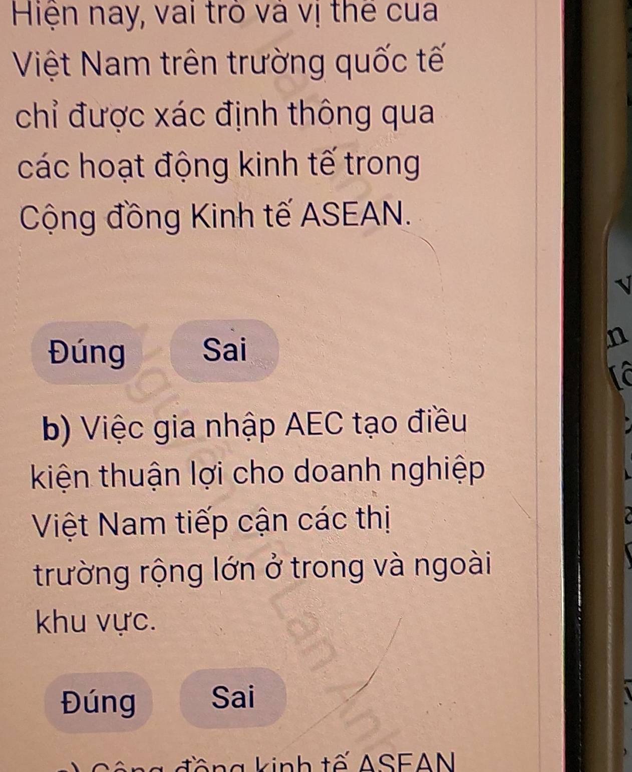 Hiện nay, vai trò và vị thế cua
Việt Nam trên trường quốc tế
chỉ được xác định thông qua
các hoạt động kinh tế trong
Cộng đồng Kinh tế ASEAN.
√
Đúng Sai
b) Việc gia nhập AEC tạo điều
kiện thuận lợi cho doanh nghiệp
Việt Nam tiếp cận các thị
trường rộng lớn ở trong và ngoài
khu vực.
Đúng
Sai
đ ồ ng kinh tế ASEAN