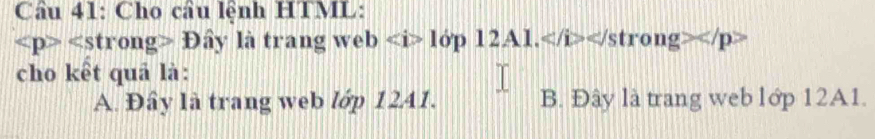 Cầu 41: Cho cầu lệnh HTML:
Dhat ay là trang veb1op12Al.
cho kết quả là:
A. Đây là trang web lớp 1241. B. Đây là trang web lớp 12A1.