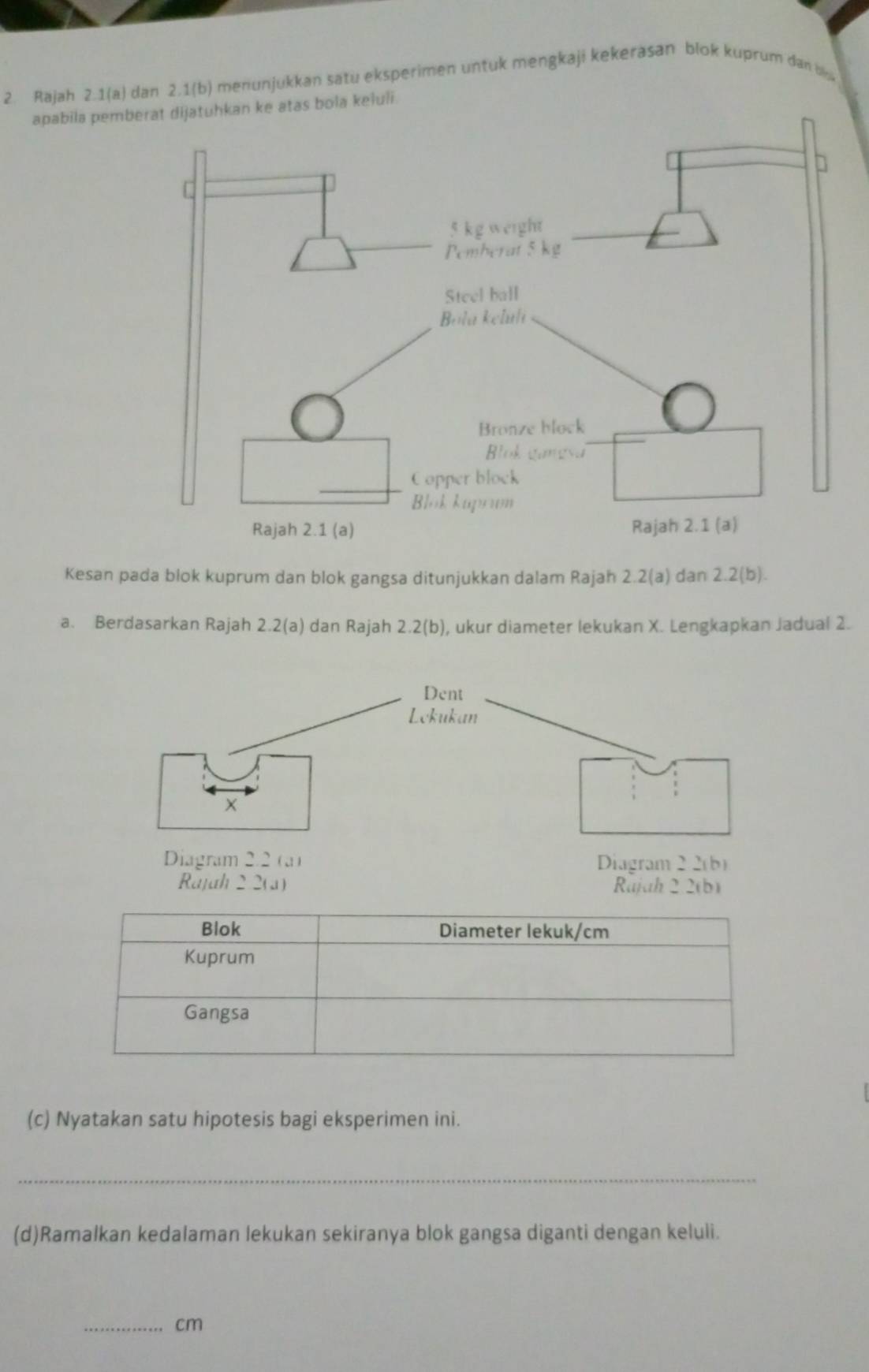 Rajah 2.1(a) dan 2.1(b) menunjukkan satu eksperimen untuk mengkaji kekerasan blok kuprum dan bl 
apabila pemberat dijatuhkan ke atas bola keluli 
Kesan pada blok kuprum dan blok gangsa ditunjukkan dalam Rajah 2.2(a) dan 2.2 (b). 
a. Berdasarkan Rajah 2.2(a) dan Rajah 2.2(b), ukur diameter lekukan X. Lengkapkan Jadual 2. 
Rajah 2 2(a) Rajah 2 2(b) 
(c) Nyatakan satu hipotesis bagi eksperimen ini. 
_ 
(d)Ramalkan kedalaman lekukan sekiranya blok gangsa diganti dengan keluli. 
_cm