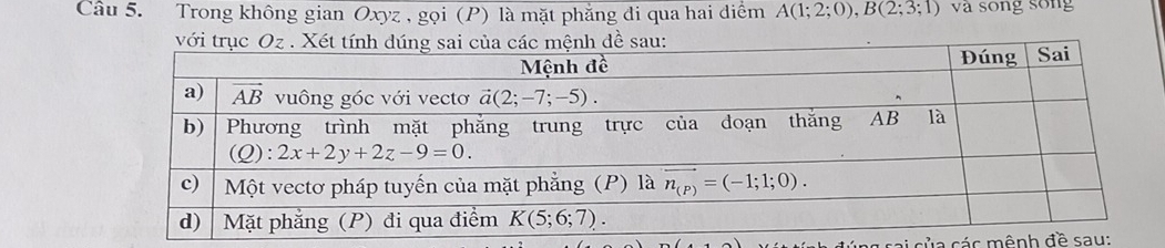 Trong không gian Oxyz , gọi (P) là mặt phẳng di qua hai diểm A(1;2;0),B(2;3;1) và sōng song
vớh đề sau:
ai sủa các mênh đề sau: