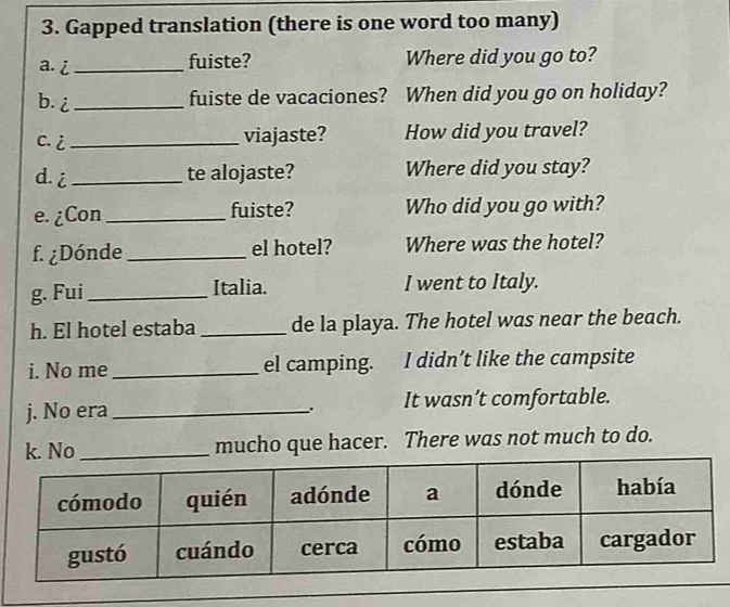 Gapped translation (there is one word too many) 
a. i _fuiste? Where did you go to? 
b. i_ fuiste de vacaciones? When did you go on holiday? 
c. i_ viajaste? How did you travel? 
d. i _te alojaste? Where did you stay? 
e. ¿Con_ fuiste? Who did you go with? 
f. ¿Dónde_ el hotel? Where was the hotel? 
g. Fui_ Italia. I went to Italy. 
h. El hotel estaba _de la playa. The hotel was near the beach. 
i. No me_ el camping. I didn’t like the campsite 
j. No era _It wasn’t comfortable. 
. 
k. No _mucho que hacer. There was not much to do.