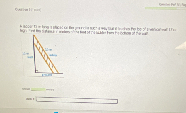 Pa 
Question 9 (1 point) 
A ladder 13 m long is placed on the ground in such a way that it touches the top of a vertical wall 12 m
high. Find the distance in meters of the foot of the ladder from the bottom of the wall 
Answer _ □ meters
Blank 1: □