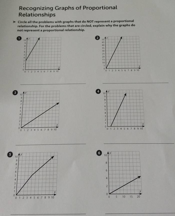 Recognizing Graphs of Proportional 
Relationships 
Circle all the problems with graphs that do NOT represent a proportional 
relationship. For the problems that are circled, explain why the graphs do 
not represent a proportional relationship. 

_
8
4 

_ 
_ 
5 
6 

_ 
_