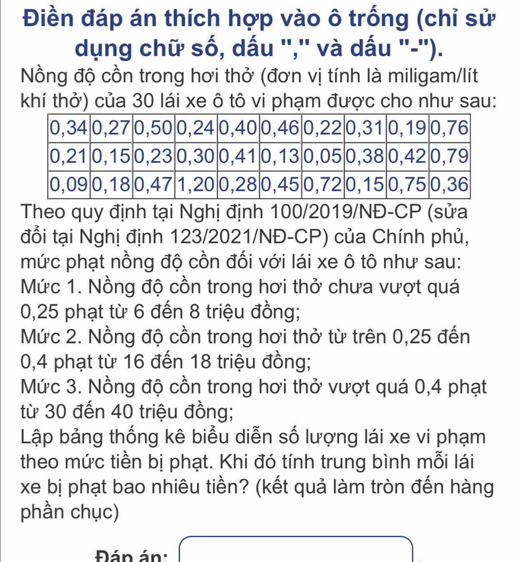 Điền đáp án thích hợp vào ô trống (chỉ sử 
dụng chữ số, dấu '','' và dấu '-''). 
Nồng độ cồn trong hơi thở (đơn vị tính là miligam/lít 
khí thở) của 30 lái xe ô tô vi phạm được cho như sau: 
Theo quy định tại Nghị định 100/2019/NĐ-CP (sửa 
đổi tại Nghị định 123/2021/NĐ-CP) của Chính phủ, 
mức phạt nồng độ cồn đối với lái xe ô tô như sau: 
Mức 1. Nồng độ cồn trong hơi thở chưa vượt quá
0,25 phạt từ 6 đến 8 triệu đồng; 
Mức 2. Nồng độ cồn trong hơi thở từ trên 0,25 đến
0,4 phạt từ 16 đến 18 triệu đồng; 
Mức 3. Nồng độ cồn trong hơi thở vượt quá 0,4 phạt 
từ 30 đến 40 triệu đồng; 
Lập bảng thống kê biểu diễn số lượng lái xe vi phạm 
theo mức tiền bị phạt. Khi đó tính trung bình mỗi lái 
xe bị phạt bao nhiêu tiền? (kết quả làm tròn đến hàng 
phần chục) 
Đán án:
△ ANH≌ △ PBQ