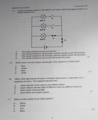 Natural Sclences Grade d FS November 2523
1.4 In the circuit below, switch Sr and switch S are closed. What will happen if switch Ss is
closed, and then 5x?
A The bulbs will glow dimmer and dimmer.
B The overall resistance will decrease, and the overall current will increase.
C The overall resistance will increase, and the overall current will decrease.
D The overall resistance and current will remain the same. (1)
1.5 Which colour has the longest wavelength in the spectrum of visible light?
A Red B Green
D Violet C Blue (1)
1.6 When white light passes through a triangular glass prism, it separates into a
spectrum of colors. This happens because the ...
A  prism absorbs some colours and reflects others.
B prism refracts (bends) light of different colors by different amounts.
C prism emits coloured light.
Dprism filters out certain colours. (1)
1.7 What is at the center of our solar system?
A Moon
B Earth
C Sun
D Mars (1)
3