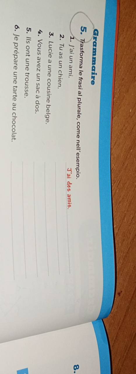 Grammaire 
5.Trasforma le frasi al plurale, come nell’esempio. 
8. 
1. J’ai un ami. J'ai des amis._ 
2. Tu as un chien. 
_ 
3. Lucie a une cousine belge._ 
4. Vous avez un sac à dos._ 
5. Ils ont une trousse. 
_ 
6. Je prépare une tarte au chocolat._