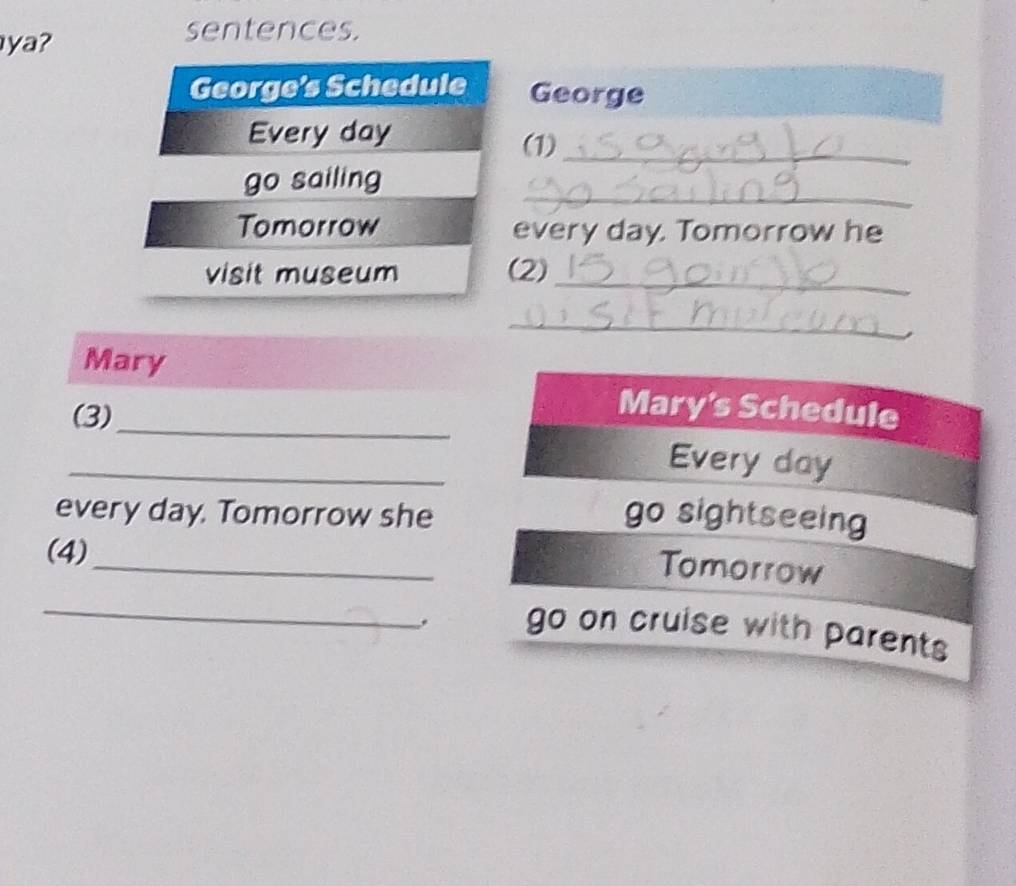 ya? 
sentences. 
George's Schedule George 
Every day
(1)_ 
_ 
go sailing 
Tomorrow every day. Tomorrow he 
visit museum (2) 
_ 
_ 
Mary 
(3) 
_Mary's Schedule 
_ 
Every day
every day. Tomorrow she go sightseeing 
_ 
(4) 
Tomorrow 
_ 
. go on cruise with parents