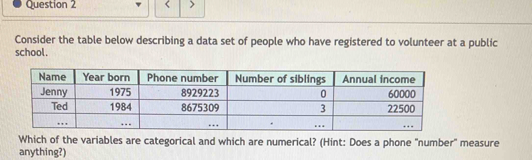 Solved: Consider the table below describing a data set of people who ...