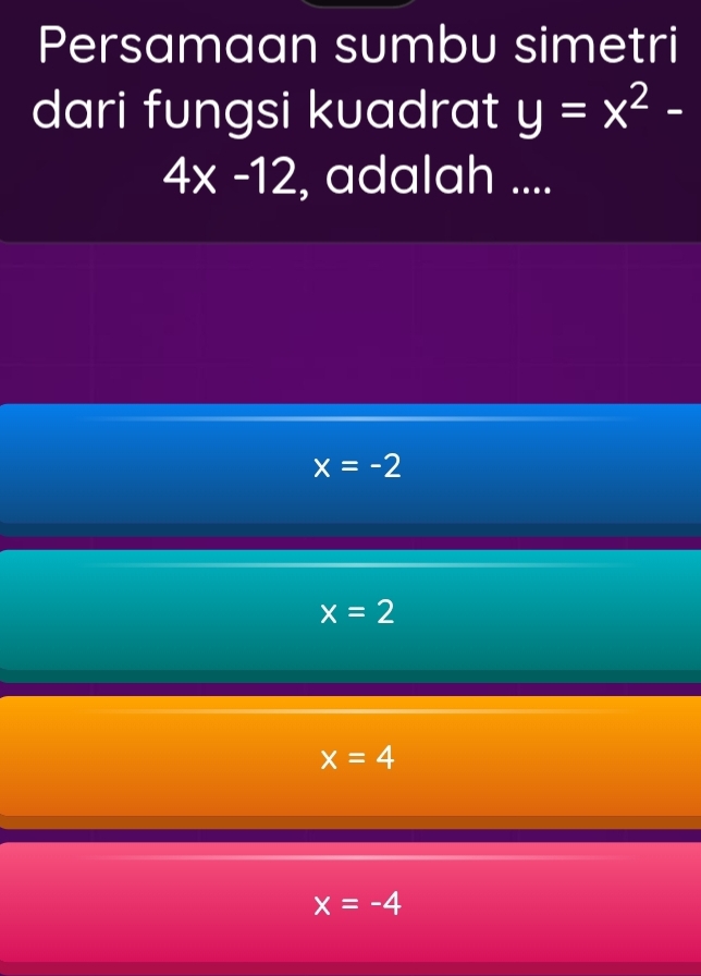 Persamaan sumbu simetri
dari fungsi kuadrat y=x^2-
4x-12 , adalah ....
x=-2
x=2
x=4
x=-4