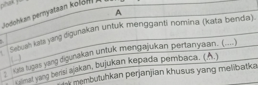 pihak yu 
A 
Jodohkan pernyataan kolom A s 
Sebuah kata yang digunakan untuk mengganti nomina (kata benda). 
( . 
2. Kata tugas yang digunakan untuk mengajukan pertanyaan. ( (....) 
(..) 
kalimat yang berisi ajakan, bujukan kepada pembaca. (.A.) 
dak membutuhkan perjanjian khusus yang melibatka