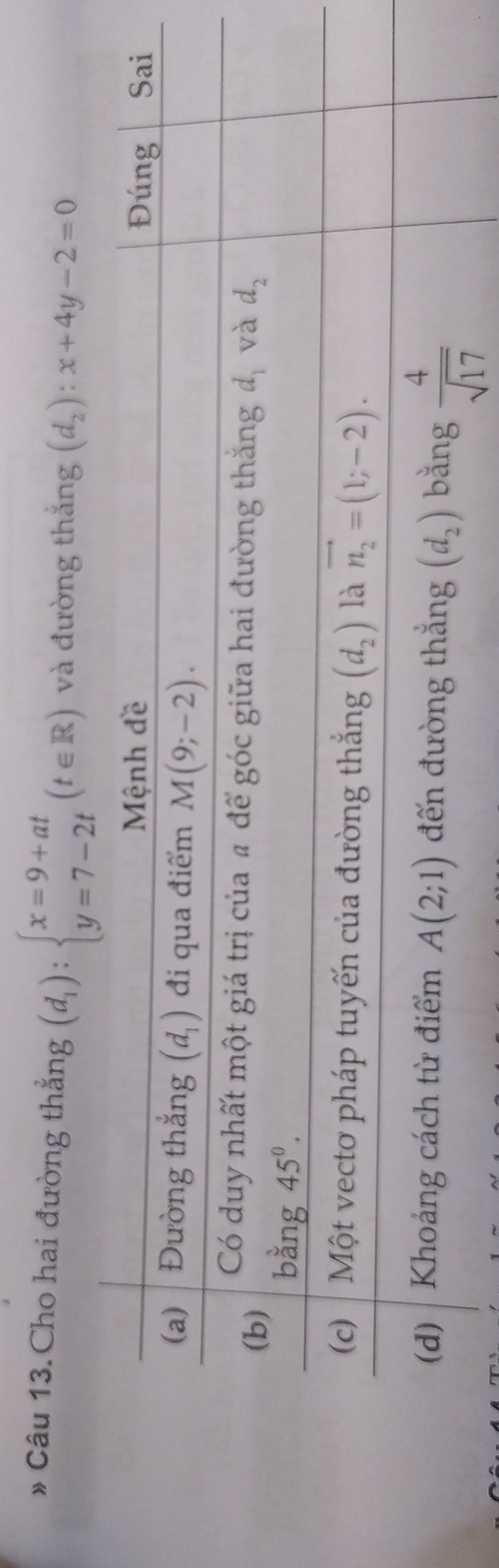 # Câu 13.Cho hai đường thắng (d_1):beginarrayl x=9+at y=7-2tendarray. (t∈ R) và đường thắng (d_2):x+4y-2=0