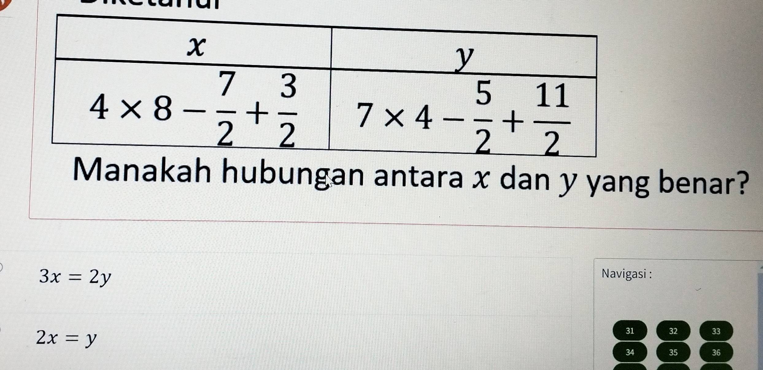 Manakah hubungan antara x dan y yang benar?
3x=2y
Navigasi :
2x=y
31 32 33
34 35 36