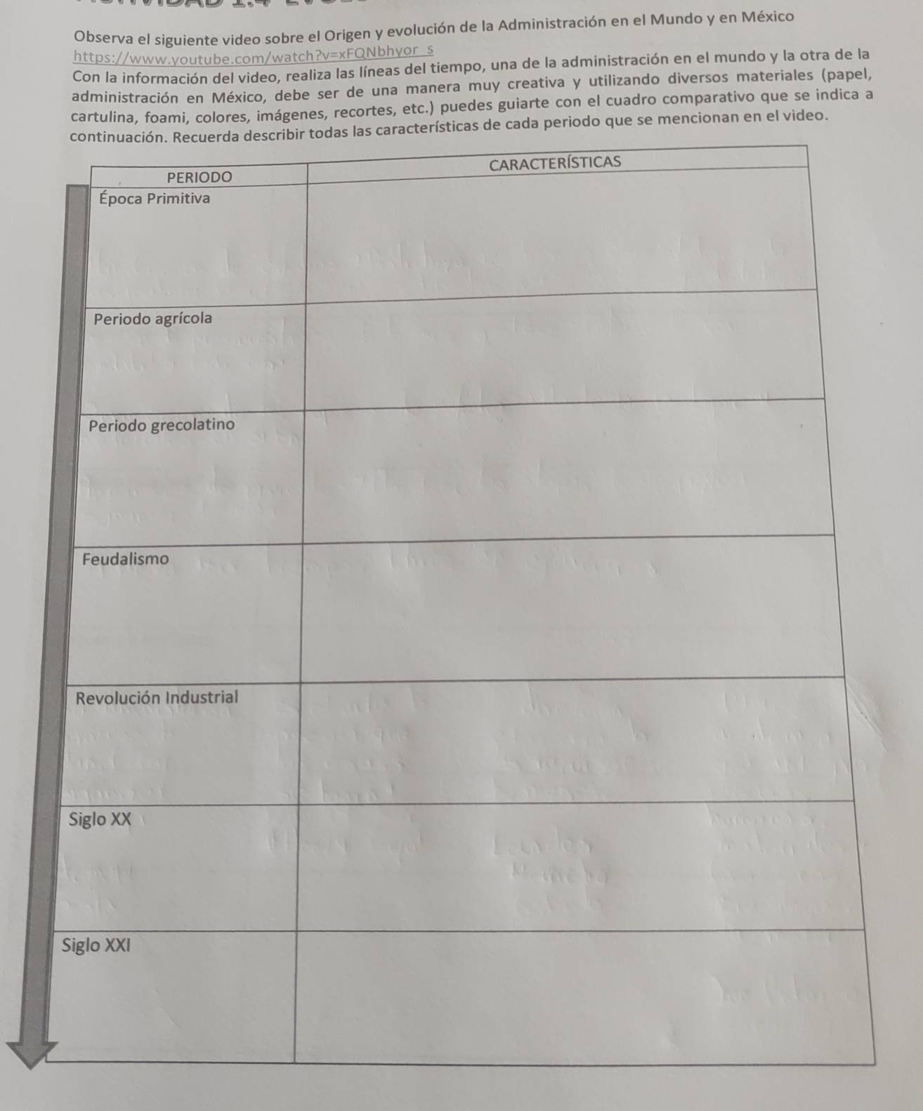 Observa el siguiente video sobre el Origen y evolución de la Administración en el Mundo y en México 
https://www.youtube.com/watch?v=xFQNbhyor s 
Con la información del video, realiza las líneas del tiempo, una de la administración en el mundo y la otra de la 
administración en México, debe ser de una manera muy creativa y utilizando diversos materiales (papel, 
es, recortes, etc.) puedes guiarte con el cuadro comparativo que se indica a