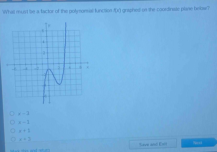 What must be a factor of the polynomial function f(x) graphed on the coordinate plane below?
x-3
x-1
x+1
x+3
Save and Exit Next
Mark this and return