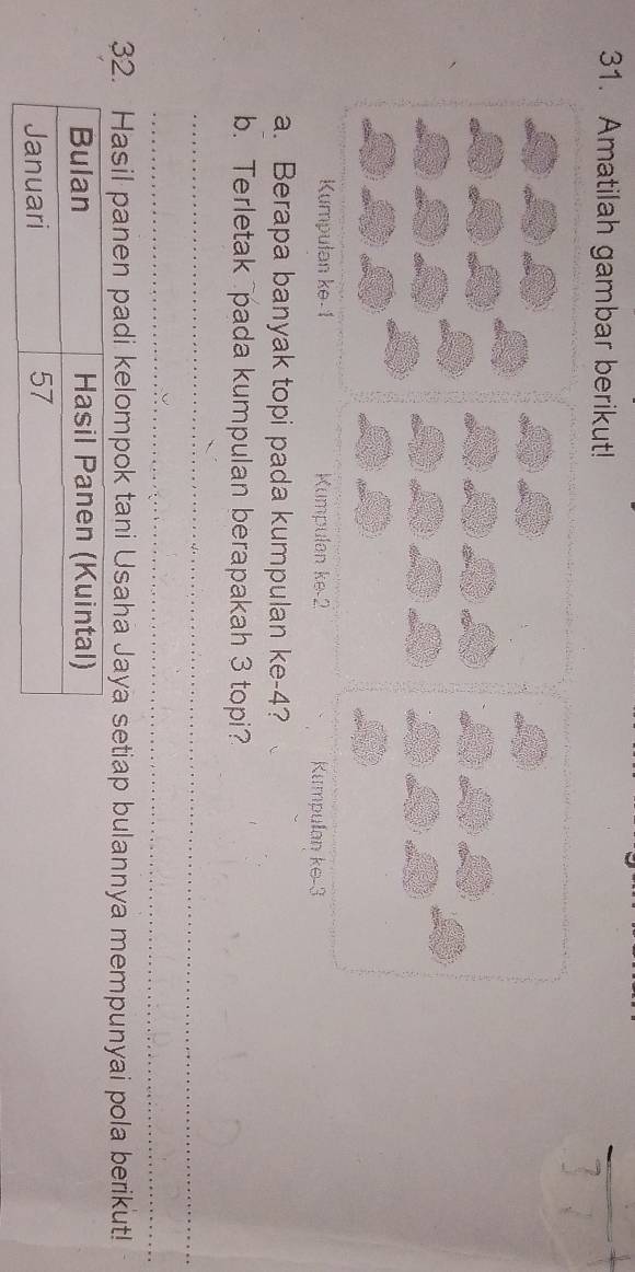 Amatilah gambar berikut! 
_ 
Kumpulan ke - 1 Kumpulan ke -2 Kumpullan ke -3
a. Berapa banyak topi pada kumpulan ke -4? 
b. Terletak pada kumpulan berapakah 3 topi? 
_ 
_ 
_ 
_ 
32. Hasil panen padi kelompok tani Usaha Jaya setiap bulannya mempunyai pola berikut!