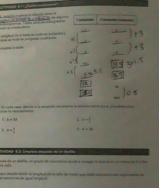 CTIVIDAD 8.1: ¿Cuales ecuaciones?
1. La tabla muestra la relación entre la
ngitid de la base, ài, y el área, A 1 de algunos
aralelogramos. Todos esós peralelogramos b (pulgadas) A (pulgadas cuadradas)
nen la misma altura.
a longitud de la basø se mide en pulgadas y
área se mide en pulgadas cuadradas.
ompleta la tabla.
45
5.5
2
36
En cada caso, decide si la ecuación representa la relación entre à y A. preparate para
olicar tu razonamiento
1. b=3A b= A/2 
2
3. A= b/3 
4. A=3b
TIVIDAD 8.2: Limpleza después de un desfile
pués de un desfile, un grupo de voluntarios ayuda a recoger la basura en un tramo de 2 millas
na calle.
upo decide dividir la longitud de la calle de modo que cada voluntario sea responsabla de
ar secciones de Igual longitud.