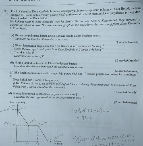 Encik Rahmat ke Kota Kinabalu bersama keluarganya. Semasa perjalanan pulang ke Kota Belud, mereka 
singgah di Tuaran untuk minum petang. Graf jarak-mas; di sebelah menunjukkan perjalanan pulang dari 
Kota Kinabalu ke Kota Belud. 
Mr Rahmat went to Kota Kinabalu with his family. Or the way back to Kota Belud, they stopped at 
to Kota Belud Tuaran for afternoon tea. The distance-time graph on the side shows the return trið> from Kota Kinabalu 
(a) Hitung tempoh masa kereta Encik Rahmat berada dal ım keadaan pegun. 
Calculate the time Mr. Rahmat's car is at rest. 
[1 markah/marks] 
(b) Diberi laju purata perjalanan dari Kota Kinabalu ke Tuaran ialah 66 km j^(-1)
Given the average travel speed from Kota Kinabalu to Tuaran is 66 km h y
(i) Tentukan nilai P. 
Determine the value of P. 
[2 markah/marks] 
(ii) Hitung jarak di antara Kota Kinabalu dengan Tuaran. 
Calculate the distance between Kota Kinabalu and Tıaran. 
[2 markah/marks] 
(c) Jika Encik Rahmat memandu dengan laju purata 64.8kmj^(-1) semasa perjalanan ulang ke rumahnya 
di 
Kota Belud dari Tuaran, hitung nilai r. 
If Mr. Rahmat drives at an average speed of 64.8kml^(-1) during the journey back to his home at Kota 
Belud from Tuaran, calculate the value of t. [2 markah/marks] 
(d) Hitung laju purata keseluruhan perjalanan dalam km j^(-1). 
Calculate the average speed of the entire journey in . mj^(-1). [2 markah/marks]
30 55 (m init )