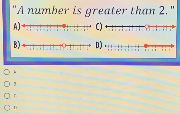 "A number is greater than 2."
A
B) 
A
B
C
D