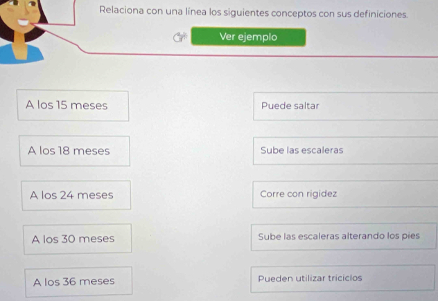 Relaciona con una línea los siguientes conceptos con sus definiciones.
Ver ejemplo
A los 15 meses Puede saltar
A los 18 meses Sube las escaleras
A los 24 meses Corre con rigidez
A los 30 meses Sube las escaleras alterando los pies
A los 36 meses Pueden utilizar triciclos