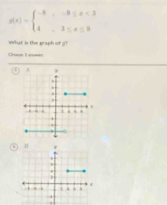 g(x)=beginarrayl -8,-9≤ x<3 4,3≤ x≤ 9endarray.
What is the graph of y? 
Choose 1 answer 
a 
0