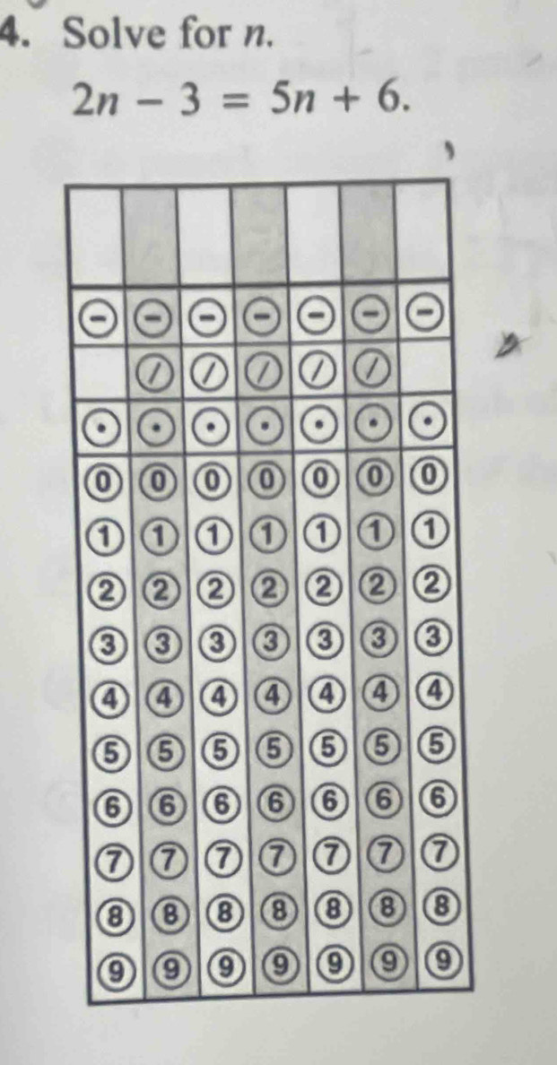 Solve for n.
2n-3=5n+6.