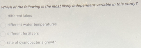 Which of the following is the most likely independent variable in this study?
different lakes
different water temperatures
different fertilizers
rate of cyanobacteria growth