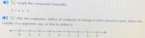 Graph the compound inequality.
-2
Plot the endpoints. Select an endpoint to change it from closed to open. Select the 
middle of a segment, ray, or line to delete it.