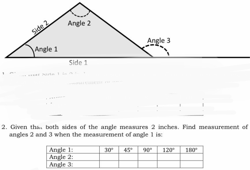 aureme o  n e e
2. Given that both sides of the angle measures 2 inches. Find measurement of
angles 2 and 3 when the measurement of angle 1 is: