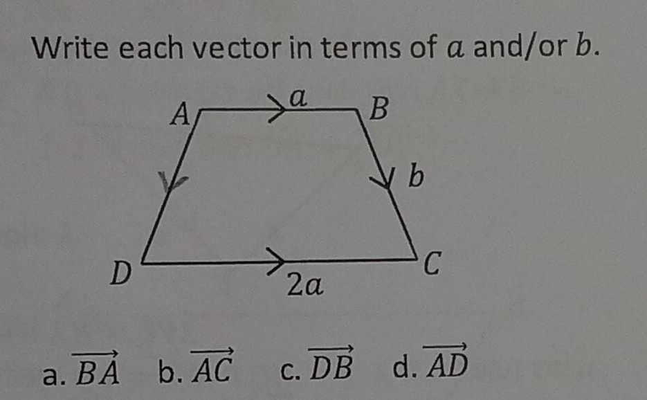 Write each vector in terms of a and/or b.
a. vector BA b. vector AC C. vector DB d. vector AD