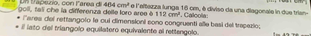 Un trapezio, con l'area di 464cm^2
goli, tali che la differenza delle loro aree è e l'altezza lunga 16 cm, è diviso da una diagonale in due trian-
112cm^2. Calcola: 
''area del rettangolo le cui dimensioni sono congruenti alle basi del trapezio; 
# lato del tríangolo equilatero equivalente al rettangolo.