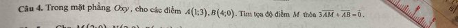 Trong mặt phẳng Oxy, cho các điểm A(1;3), B(4;0) Tìm tọa độ điểm M thỏa 3overline AM+overline AB=overline 0.