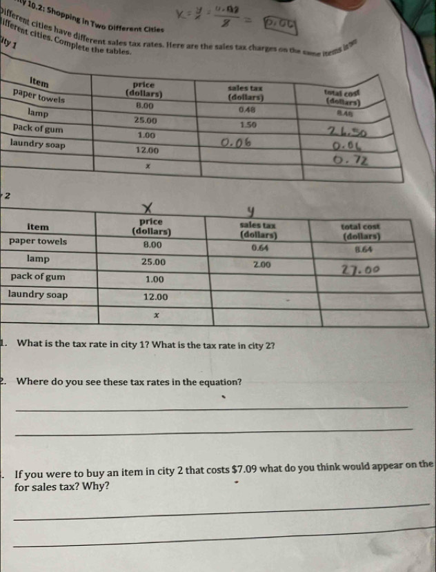 10.2: Shopping in Two Different Citie 
Different cities have different sales tax rates. Here are the sales tax charges on the some nems in 9
ifferent cities. Complete the tables. 
ity 1 
2 
1. What is the tax rate in city 1? What is the tax rate in city 2? 
2. Where do you see these tax rates in the equation? 
_ 
_ 
. If you were to buy an item in city 2 that costs $7.09 what do you think would appear on the 
for sales tax? Why? 
_ 
_