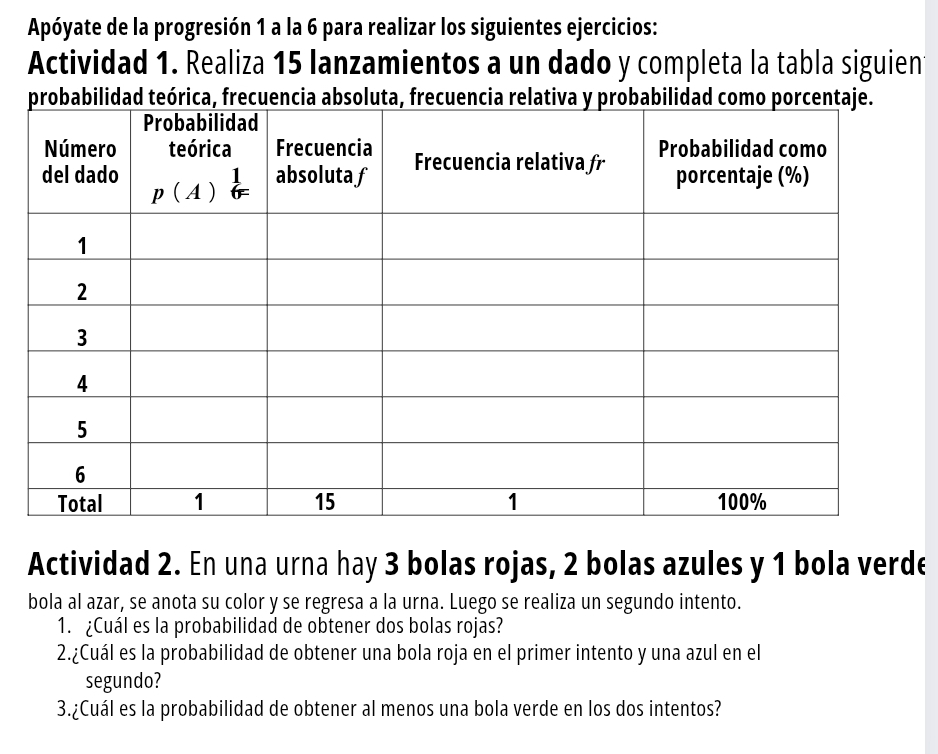 Apóyate de la progresión 1 a la 6 para realizar los siguientes ejercicios:
Actividad 1. Realiza 15 lanzamientos a un dado y completa la tabla siguien
Actividad 2. En una urna hay 3 bolas rojas, 2 bolas azules y 1 bola verde
bola al azar, se anota su color y se regresa a la urna. Luego se realiza un segundo intento.
1. ¿Cuál es la probabilidad de obtener dos bolas rojas?
2.¿Cuál es la probabilidad de obtener una bola roja en el primer intento y una azul en el
segundo?
3.¿Cuál es la probabilidad de obtener al menos una bola verde en los dos intentos?